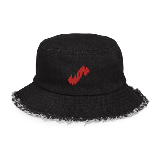 Red MDV Wave Distressed denim bucket hat